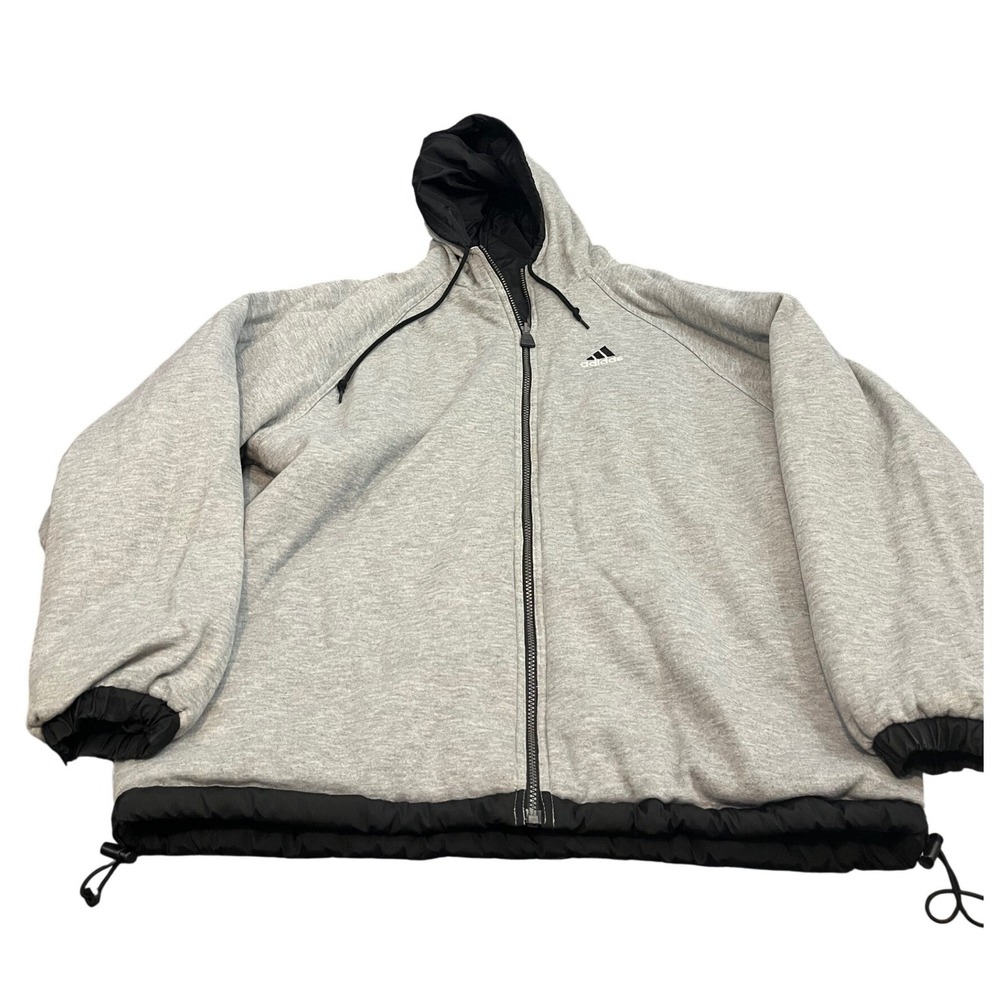Adidas‎ Reversible Hooded Jacket Mens Size L Black Grey 3 Stripe Puffer Coat